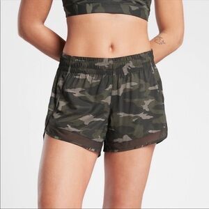 Athleta Mesh Racer Run Shorts Camo